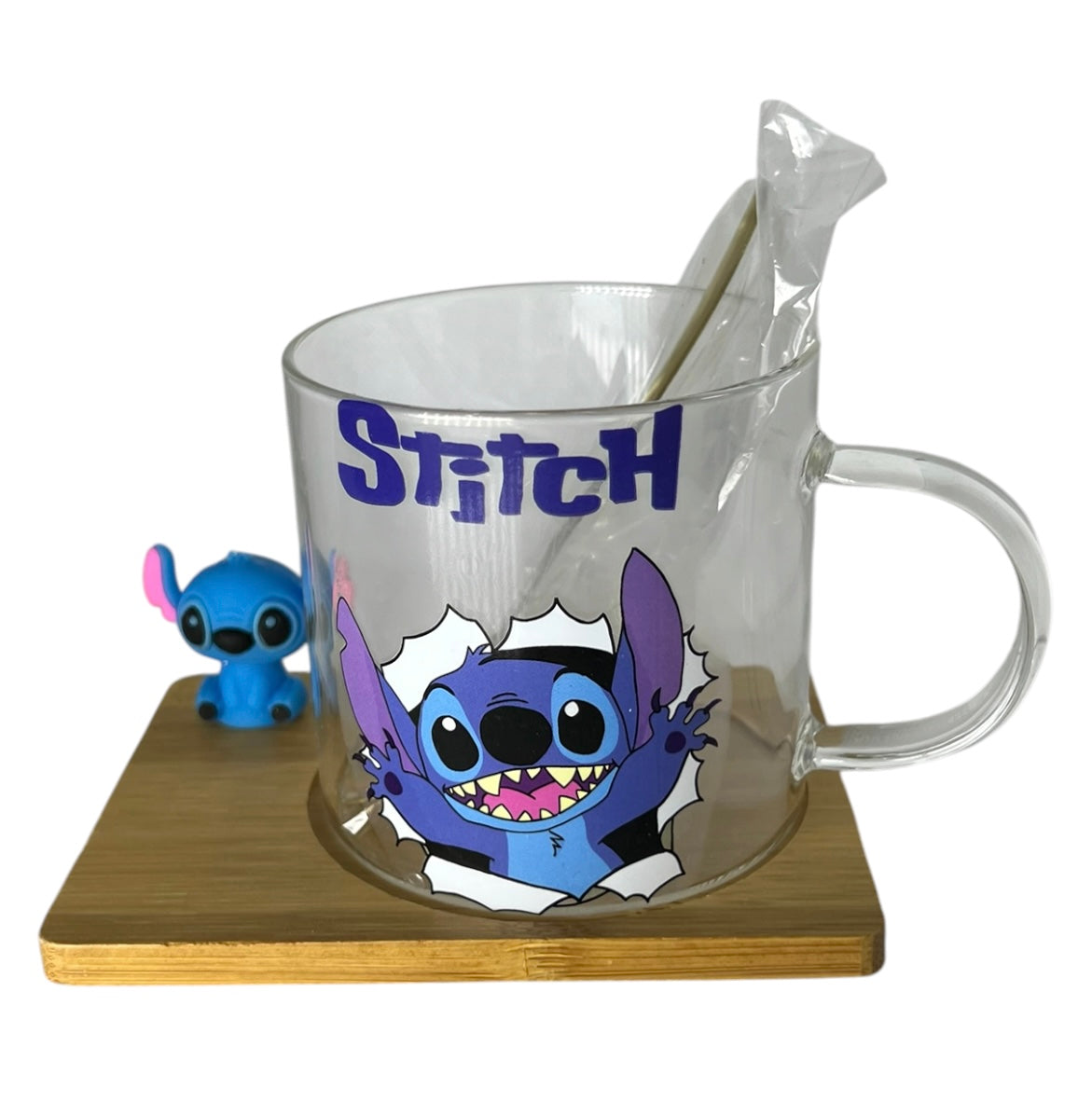 Set Mug Stitch en Verre + Support Bambou + Cuillère + Figurine - Design Kawaii Disney