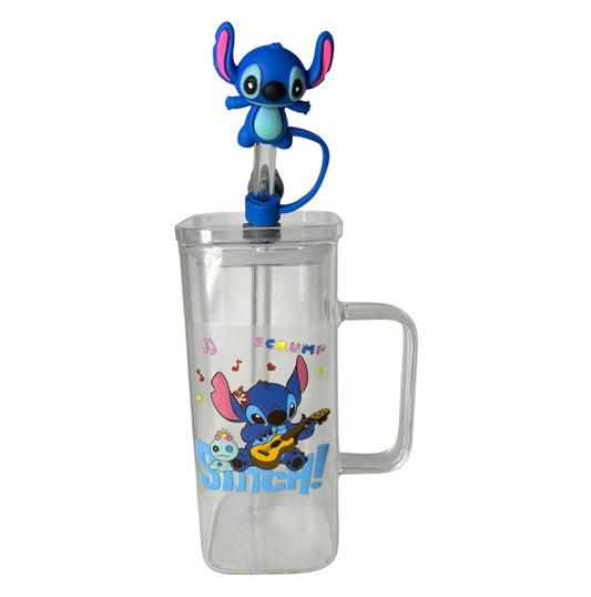 Gobelet en Verre Carré Stitch avec Paille et Figurine - Design Disney