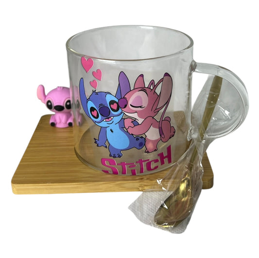 Set Mug Stitch en Verre + Support Bambou + Cuillère + Figurine - Design Kawaii Disney