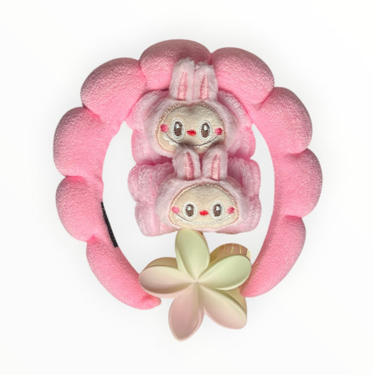 Ensemble bandeau violet avec pince fleur et poignets Labubu anti-éclaboussures