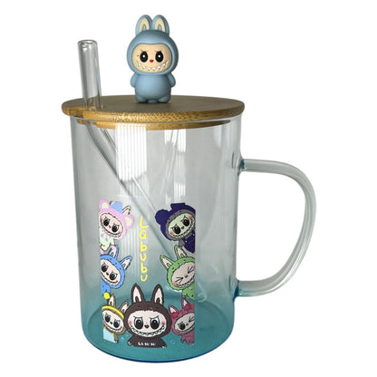 Mug en Verre Labubu The Monsters avec Couvercle Bambou et Paille