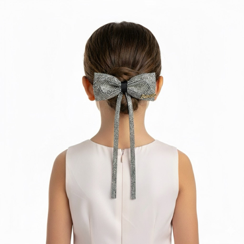 Barrette nœud argenté scintillant – Accessoire cheveux élégant et chic
